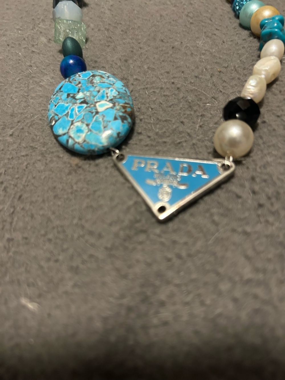 Upcycle Prada  triangle logo Turquoise-logo Mix Bead Necklace with Logo Pendant - Picture 3 of 3